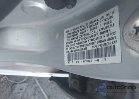 2012 Honda Civic Lx from USA, damaged, VIN 19XFB2F58CE065435